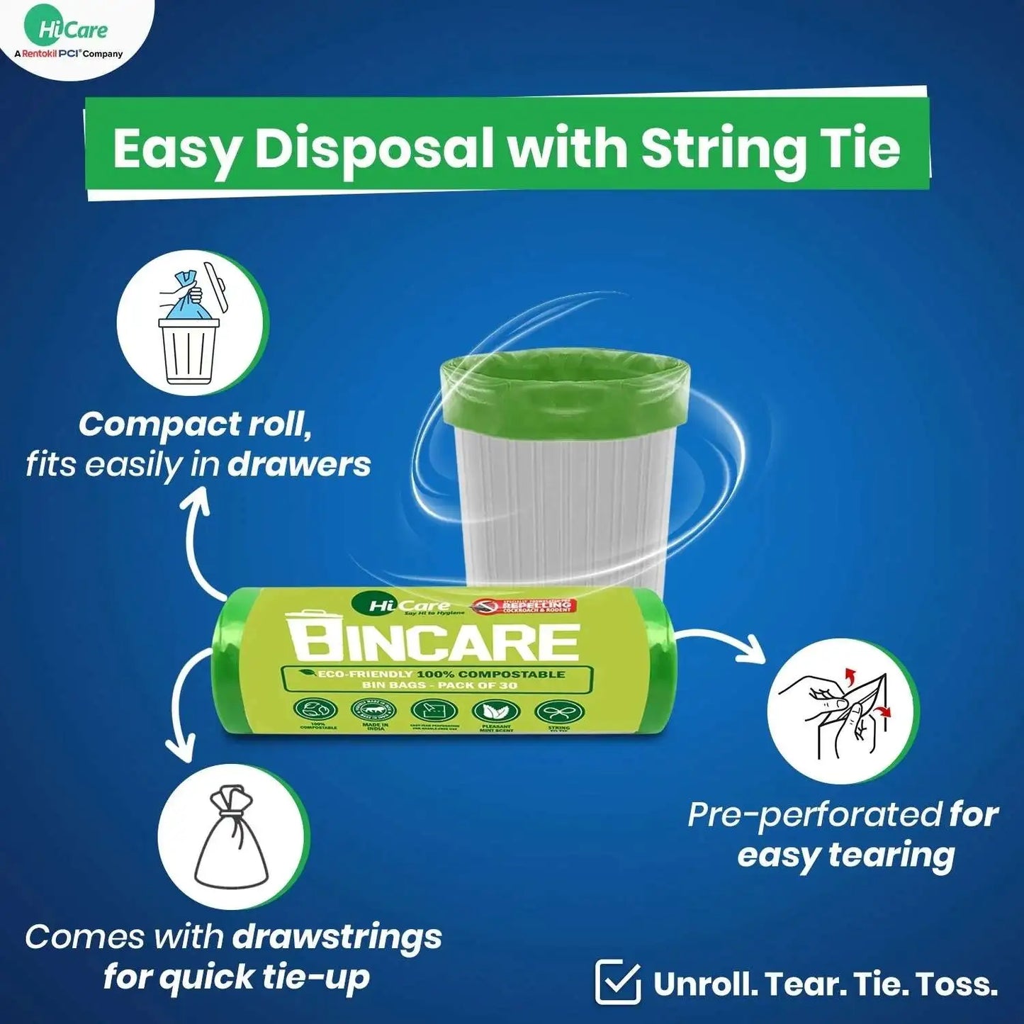 Easy Disposal with string tie biodegradable garbage bags