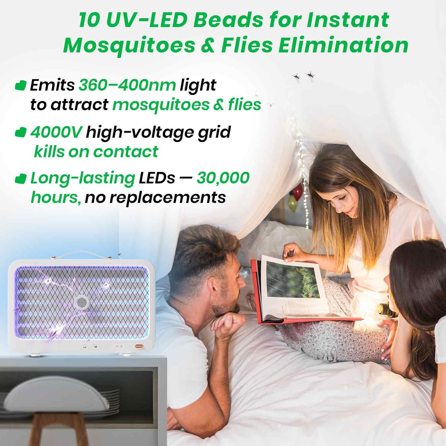 Portable MosSwatter – Rechargeable UV LED Bug Zapper with 10 Beads | 2000mAh Battery | Indoor & Outdoor Insect Killer | Safe for Kids & Pets | 2000 Sq.Ft Coverage