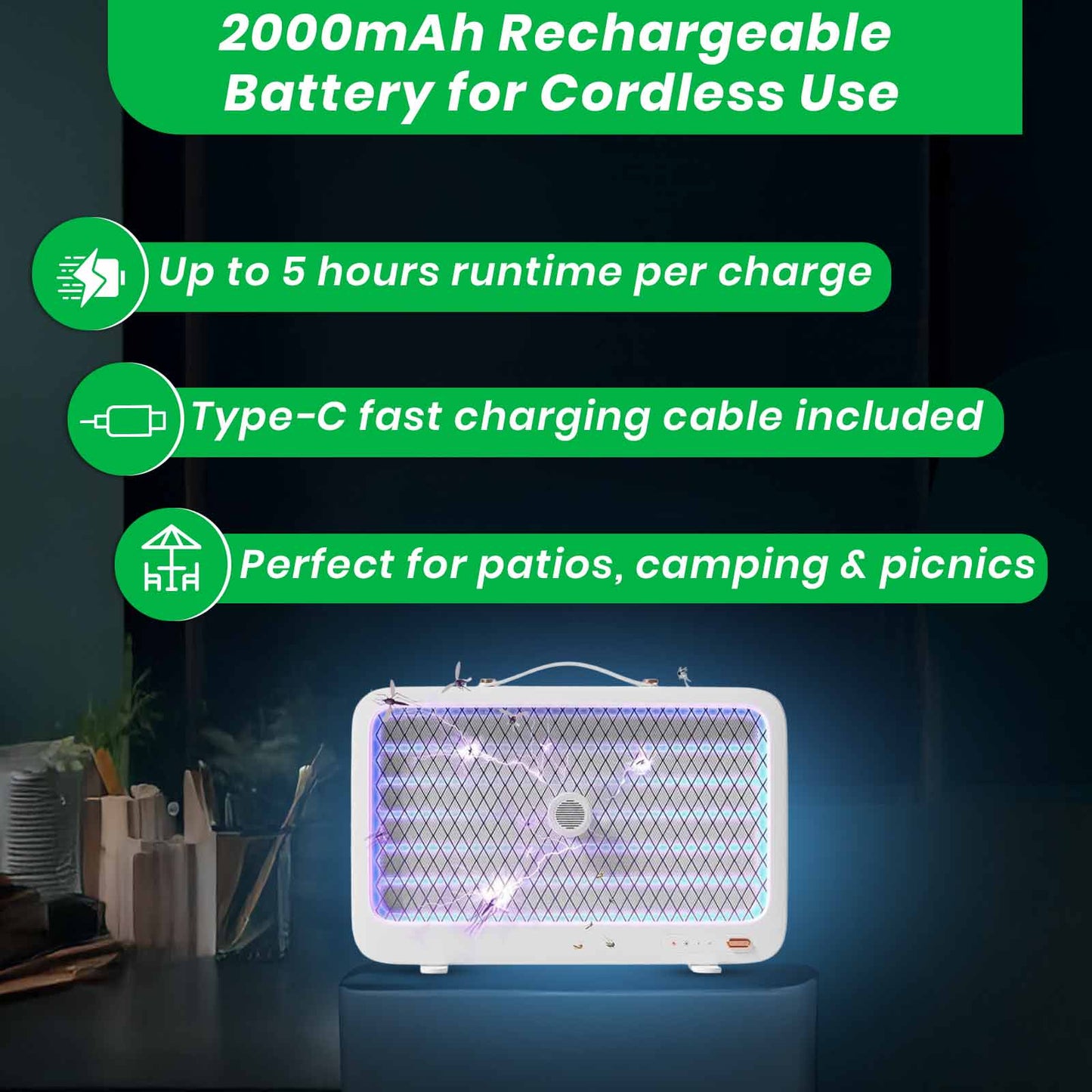 Portable MosSwatter – Rechargeable UV LED Bug Zapper with 10 Beads | 2000mAh Battery | Indoor & Outdoor Insect Killer | Safe for Kids & Pets | 2000 Sq.Ft Coverage