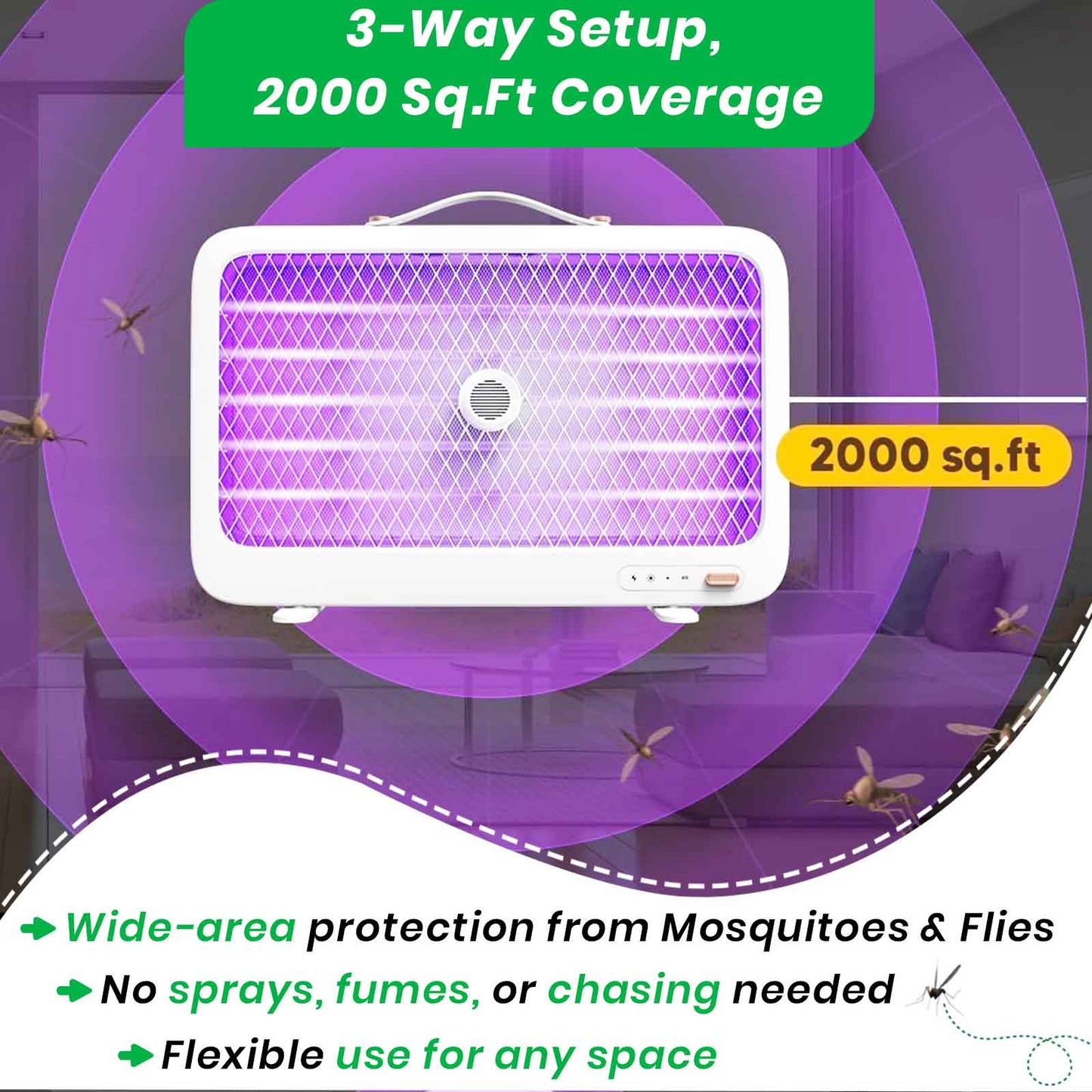 Portable MosSwatter – Rechargeable UV LED Bug Zapper with 10 Beads | 2000mAh Battery | Indoor & Outdoor Insect Killer | Safe for Kids & Pets | 2000 Sq.Ft Coverage