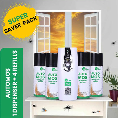 AutoMos Mosquito Repellent Machine Super Saver Pack - 1 Dispenser + 4 Refills | 365 Days | Mosquito Refill with Machine