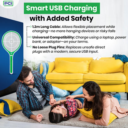 PCI ExpertO Rechargeable Mosquito Bat | 1200mAh Li-ion Battery | Aircraft-Grade ABS Body | Smart USB Charging with 1.2m Cable | 6 Months Warranty | Made in India