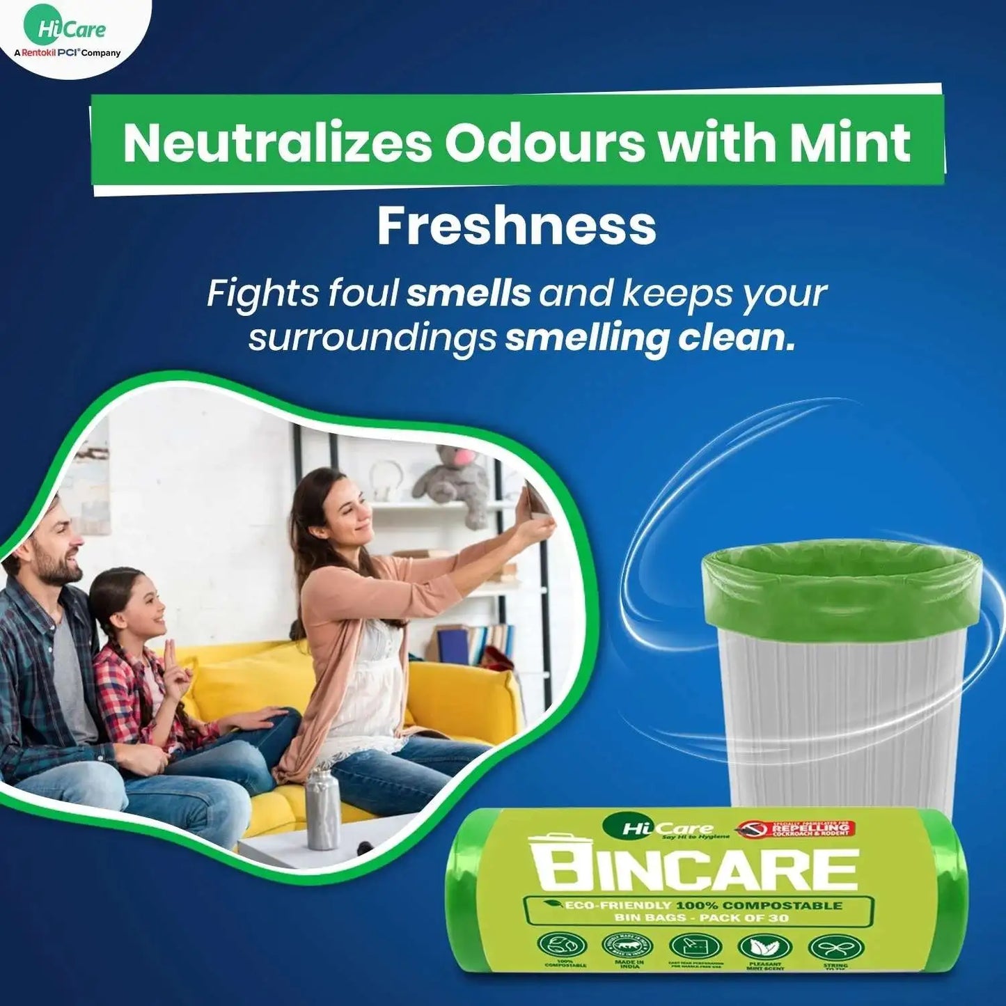 Neutralizes odours with mint freshness compostable dustbin bags
