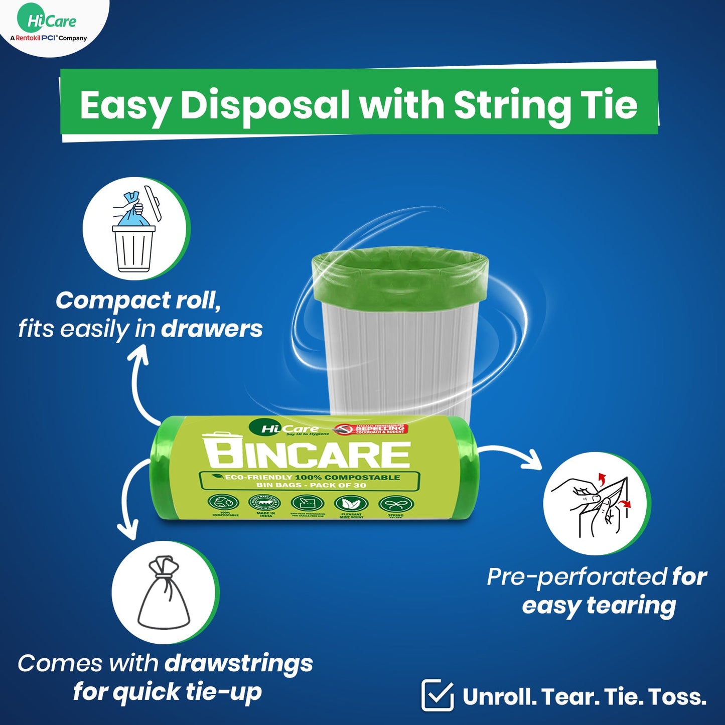HiCare Bincare Compostable Garbage Bags I 120 Bags (Pack of 4)