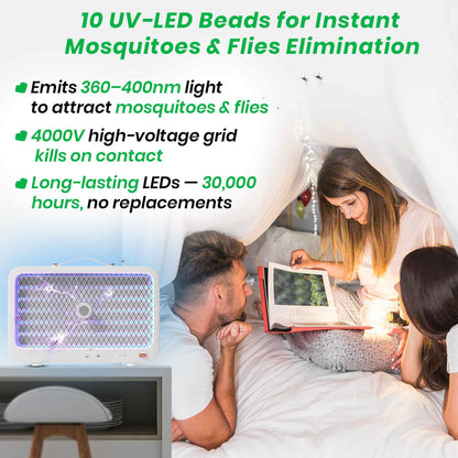 Portable MosSwatter – Rechargeable UV LED Bug Zapper with 10 Beads | 2000mAh Battery | Indoor & Outdoor Insect Killer | Safe for Kids & Pets | 2000 Sq.Ft Coverage