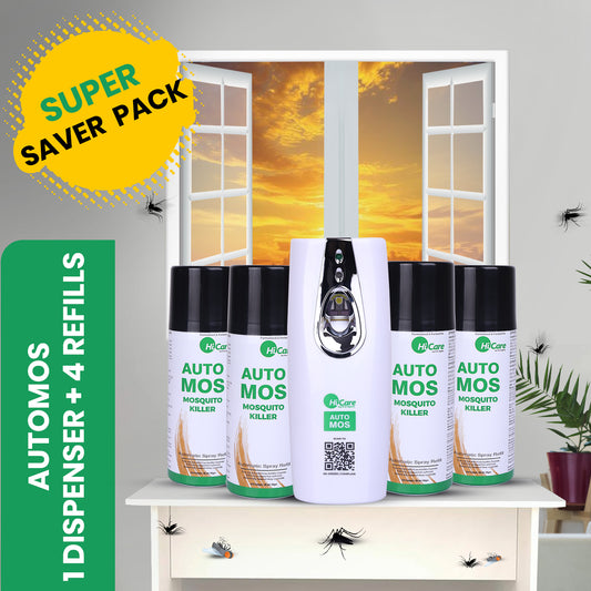 AutoMos Super Saver Pack – 1 Dispenser + 4 Refills | 365 Days Mosquito Protection for 200 sq. ft. Rooms | Ideal for Large Spaces - Restaurants & Offices (800 sq. ft.) | No Wires, No Pungent Smell