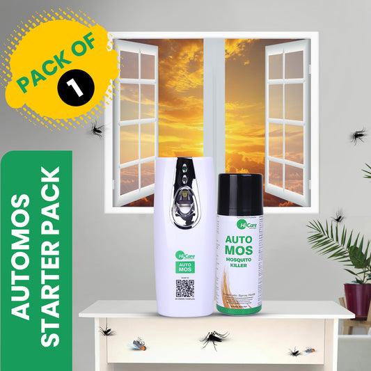 AutoMos Mosquito Repellent Machine + 1 Refill – Starter Pack | 90 Days Automatic Spray | Battery Operated, No Wires or Switches | No pungent Smell | Keep Windows Open 24×7