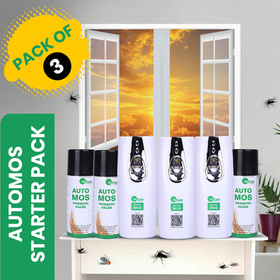 AutoMos Mosquito Repellent Starter Pack (3 Dispensers + 3 Refills) | 90 Days Protection for Bedroom, Living Room & Kids Room | Battery Operated, No Wires or Switches, No Pungent Smell