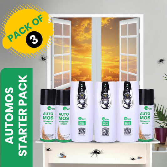 AutoMos Mosquito Repellent Starter Pack (3 Dispensers + 3 Refills) | 90 Days Protection for Bedroom, Living Room & Kids Room | Battery Operated, No Wires or Switches, No Pungent Smell